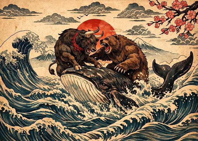 Bull and Bear Fighting on Whale