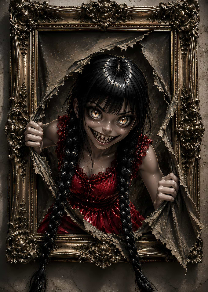 Creepy Girl Emerging from Antique Frame