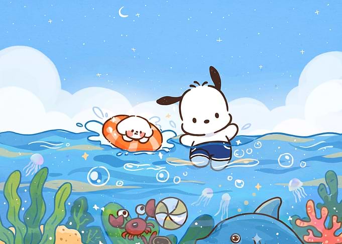 Pochacco and Friend Swimming in Ocean