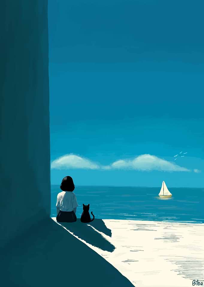 Sea Breeze | Girl and Cat Watching the Sea