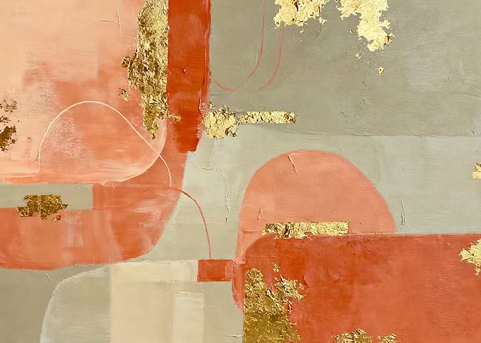 Abstract Coral and Gold Leaf Painting