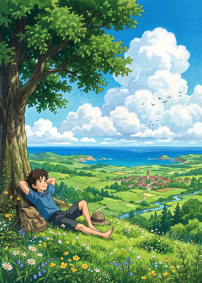 Boy Resting Under Tree Overlooking Valley