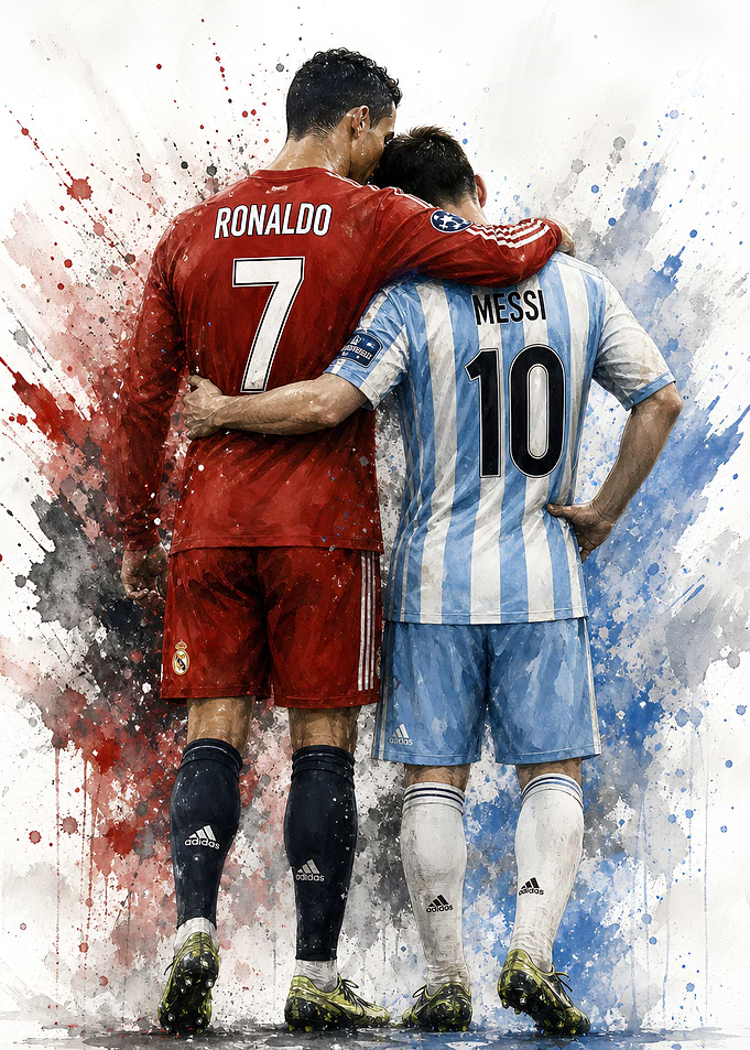 Ronaldo and Messi Watercolor Tribute Football