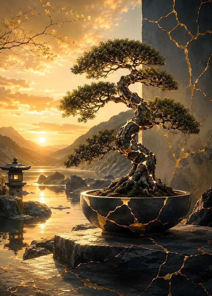 Kintsugi Bonsai Tree at Sunset