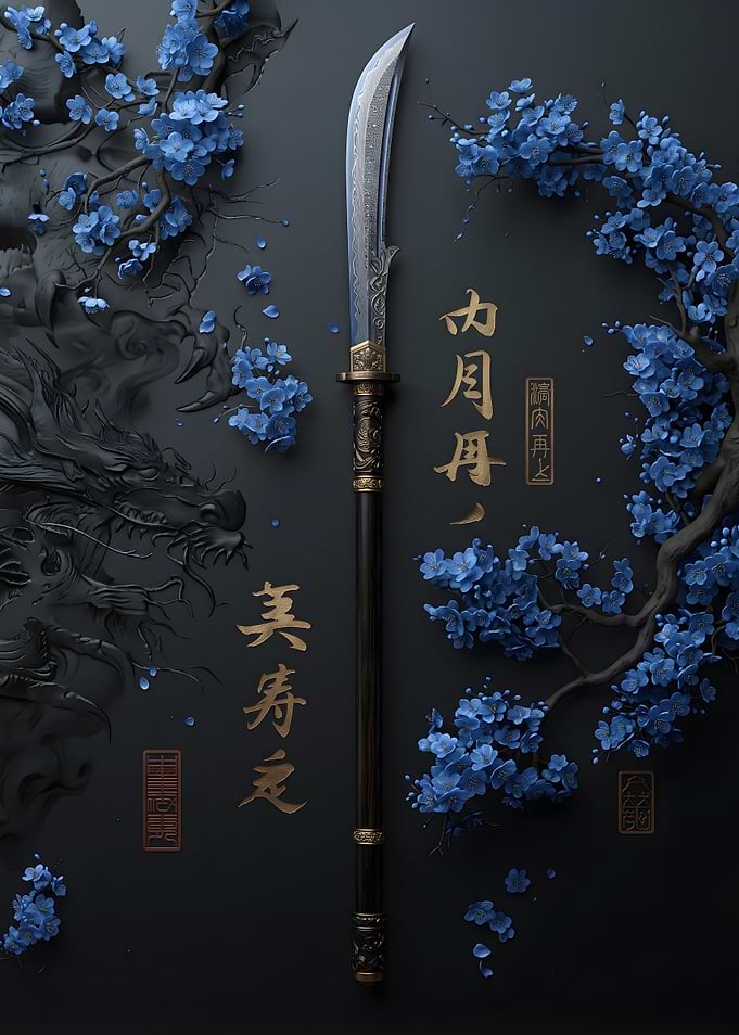 Naginata with Blue Cherry Blossoms