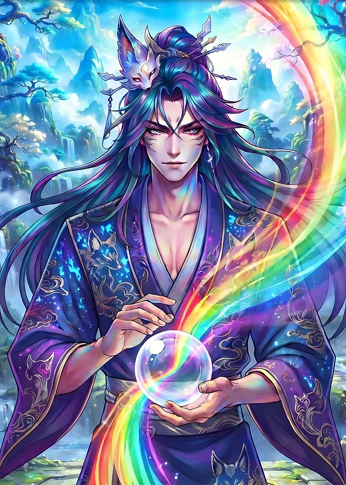 Mystical Fox Spirit with Rainbow Orb