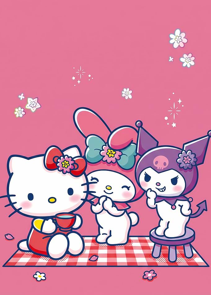 Hello Kitty, My Melody, and Kuromi
