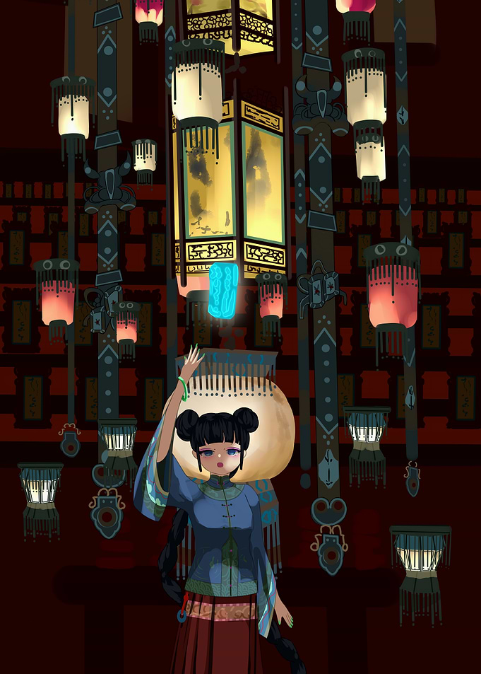 Anime Girl Under Traditional Lanterns