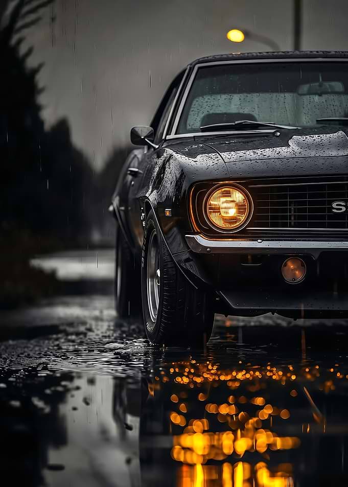 Classic close up Black Muscle Camaro Car in Rain poster