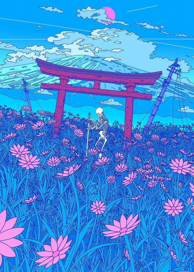 Skeleton in a Blue Flower Field
