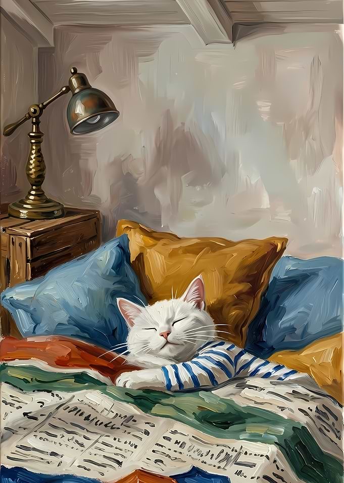 Sleeping Cat in Striped Shirt