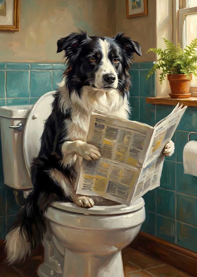 Border Collie Reading Newspaper on Toilet