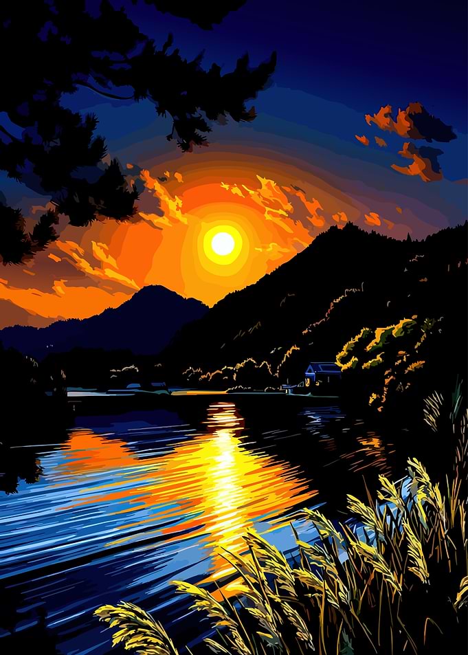 Vibrant Sunset Over Mountain Lake