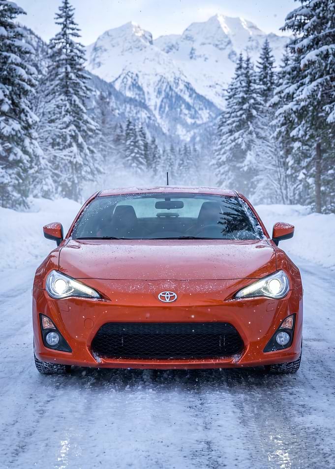 Orange Toyota GT 86 in Snowy Mountains