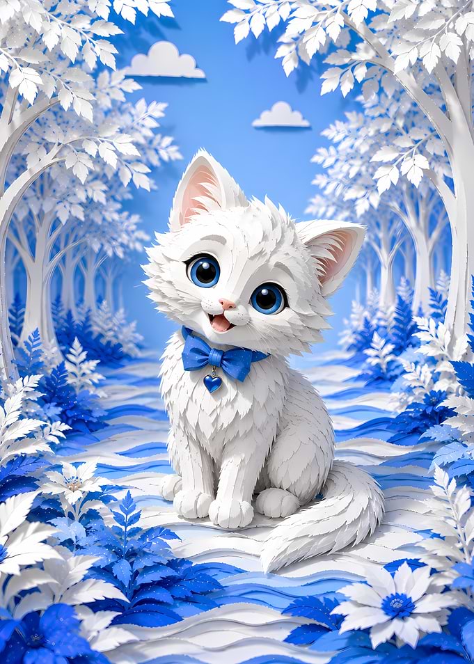 Papercraft White Kitten in Blue Forest