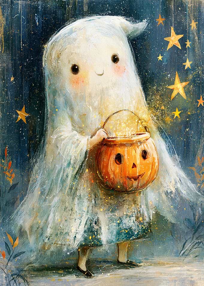 Cute Ghost Trick-or-Treating Illustration