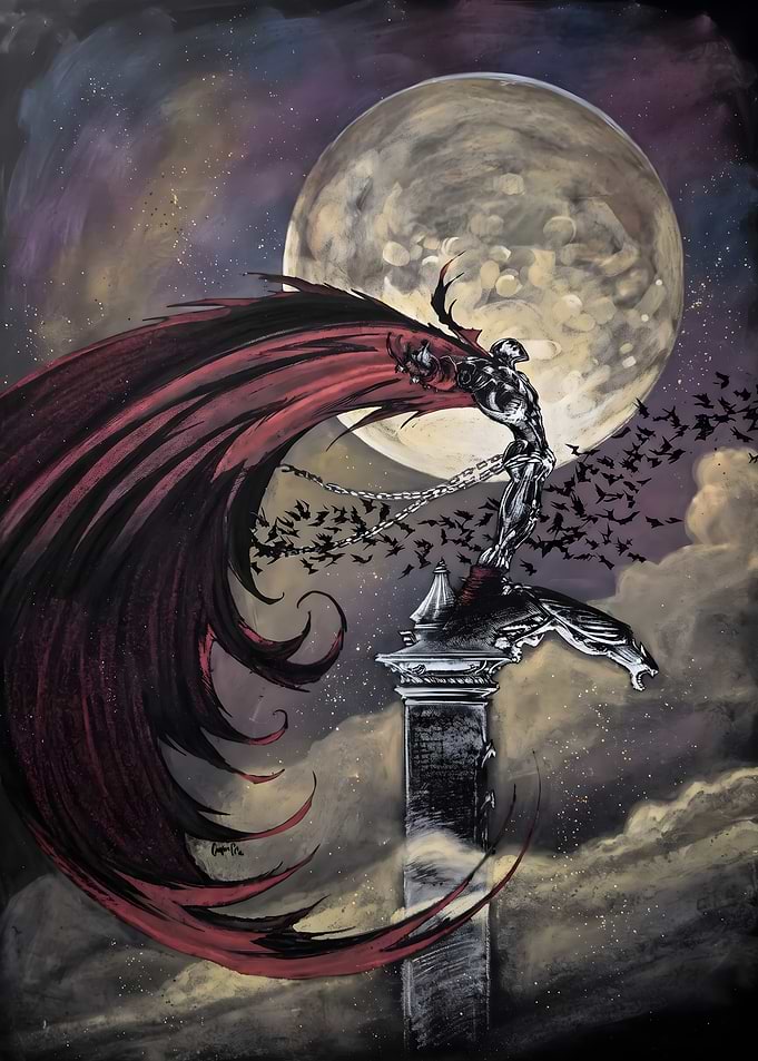 Spawn Standing on Gargoyle Under Moon