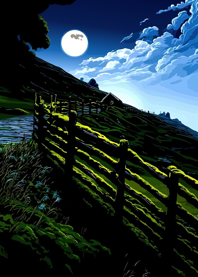 Moonlit Mossy Fence Landscape