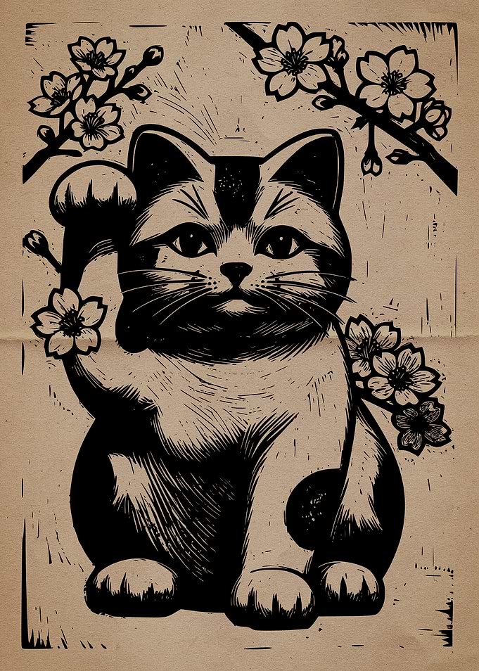 Maneki-neko Lucky Cat Woodblock Print