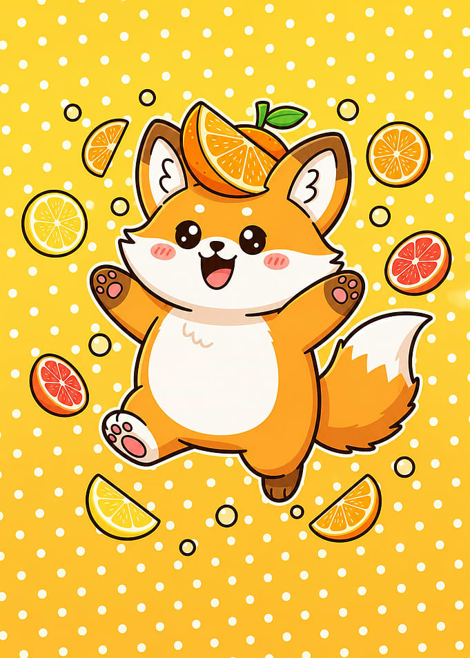 Cute Cartoon Fox with Citrus Fruits