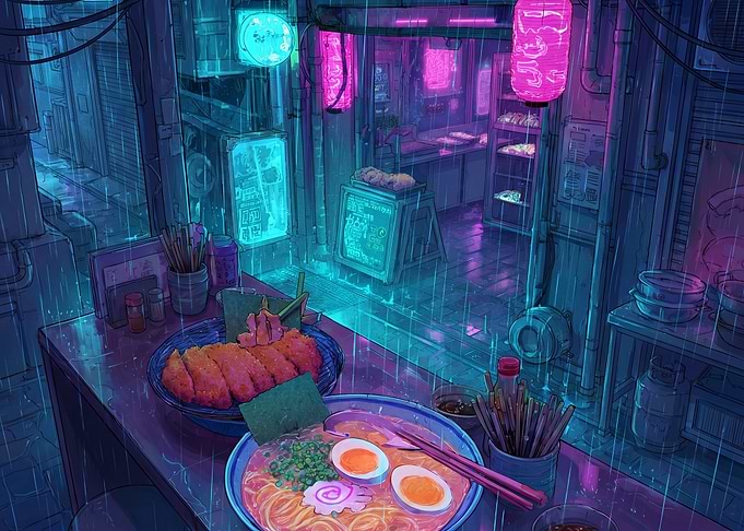 Cyberpunk Ramen Shop in the Rain