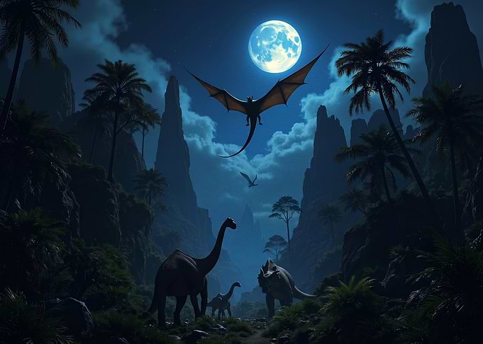 Prehistoric Dinosaurs Under Moonlight