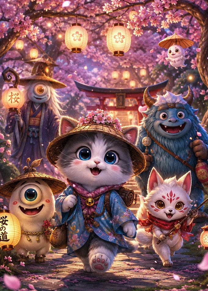 Cute Fantasy Creatures in Cherry Blossom Forest