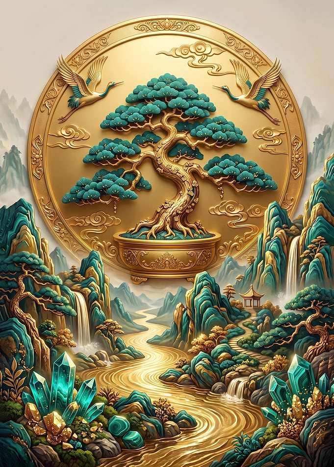 Golden Bonsai and Mystical Tree of Harmony Landscape