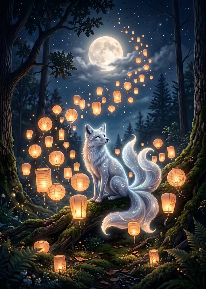 Mystical Nine-Tailed Fox with Lanterns