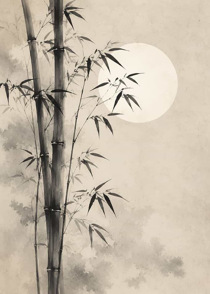 Minimalist Ink Wash Bamboo and Moon