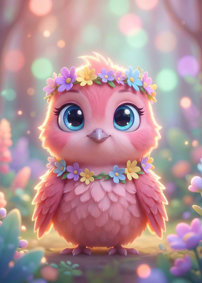 Cute Pink Bird with Flower Crown