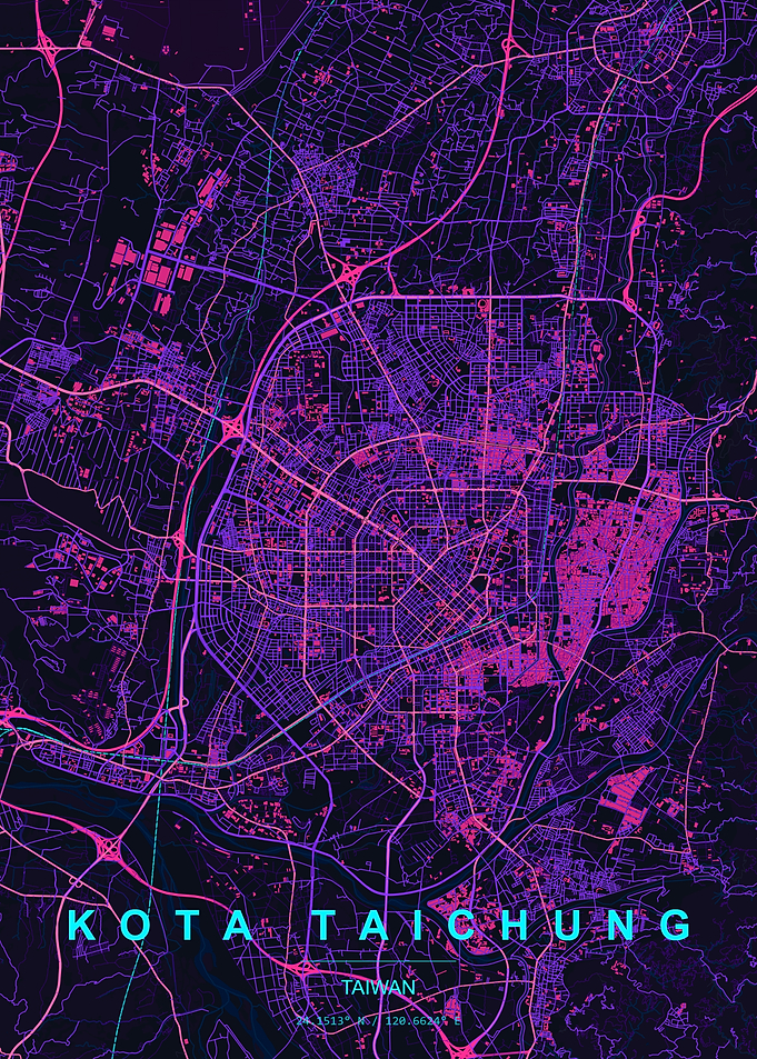 Neon Taichung City Map Art