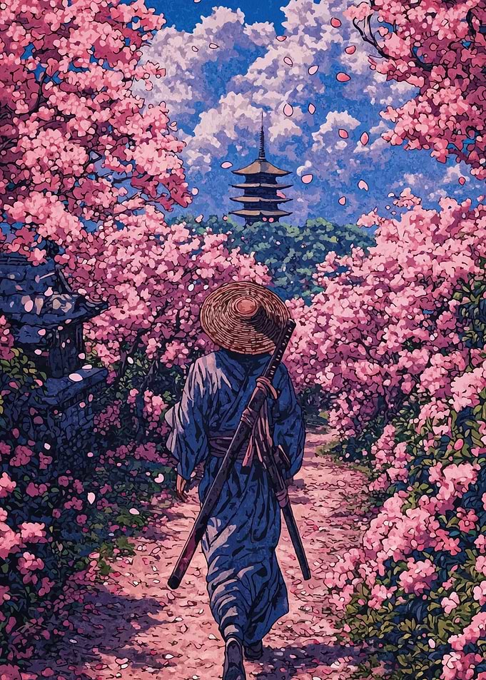 Samurai Walking Through Cherry Blossoms