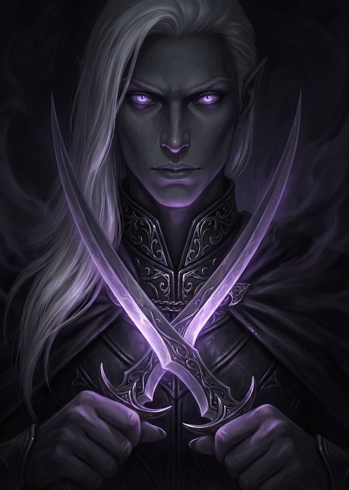 Dark Elf Warrior with Glowing Blades