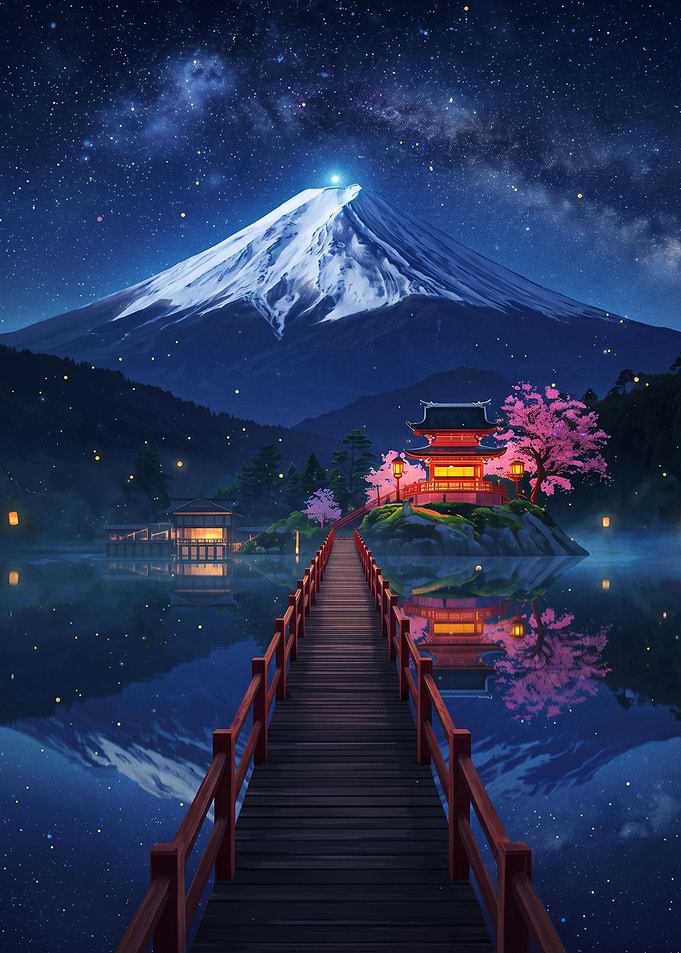 Mount Fuji Night Temple Reflection
