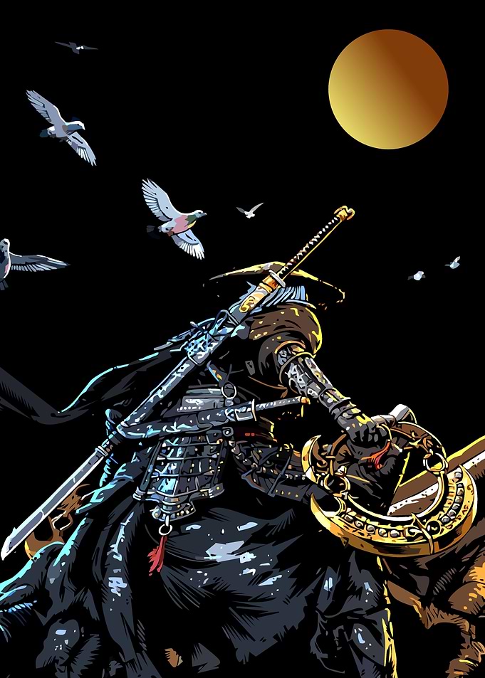 Samurai Warrior Under Golden Moon