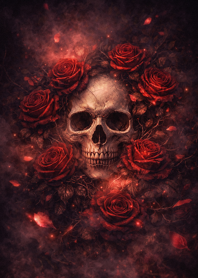 Skull Surrounded by Red Roses