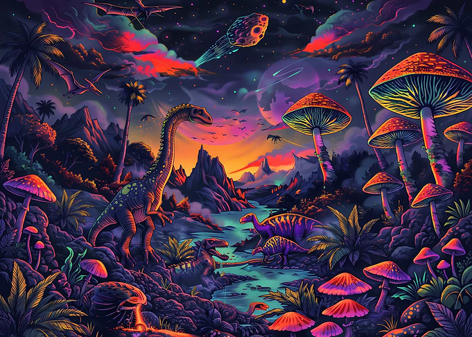 Neon Prehistoric Dinosaur Landscape