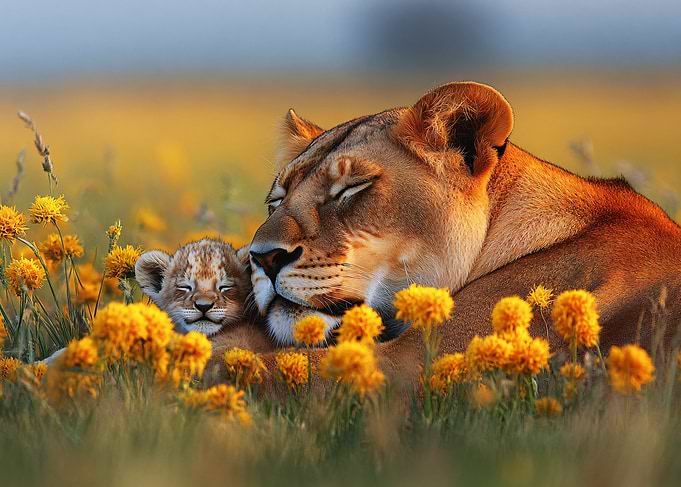 Lioness and Cub Sleeping in Flowers