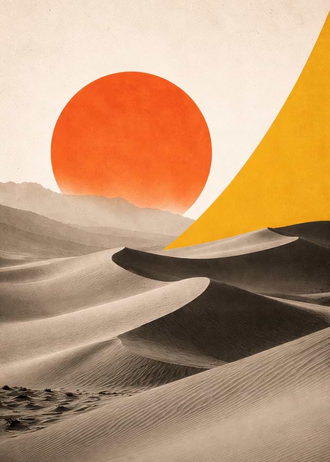 Minimalist Desert Landscape with Geometric Sun