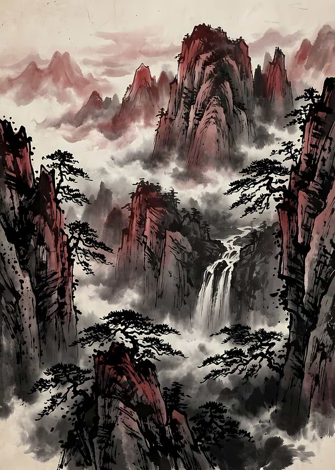 Traditional Chinese Ink Wash Mountain Landscape