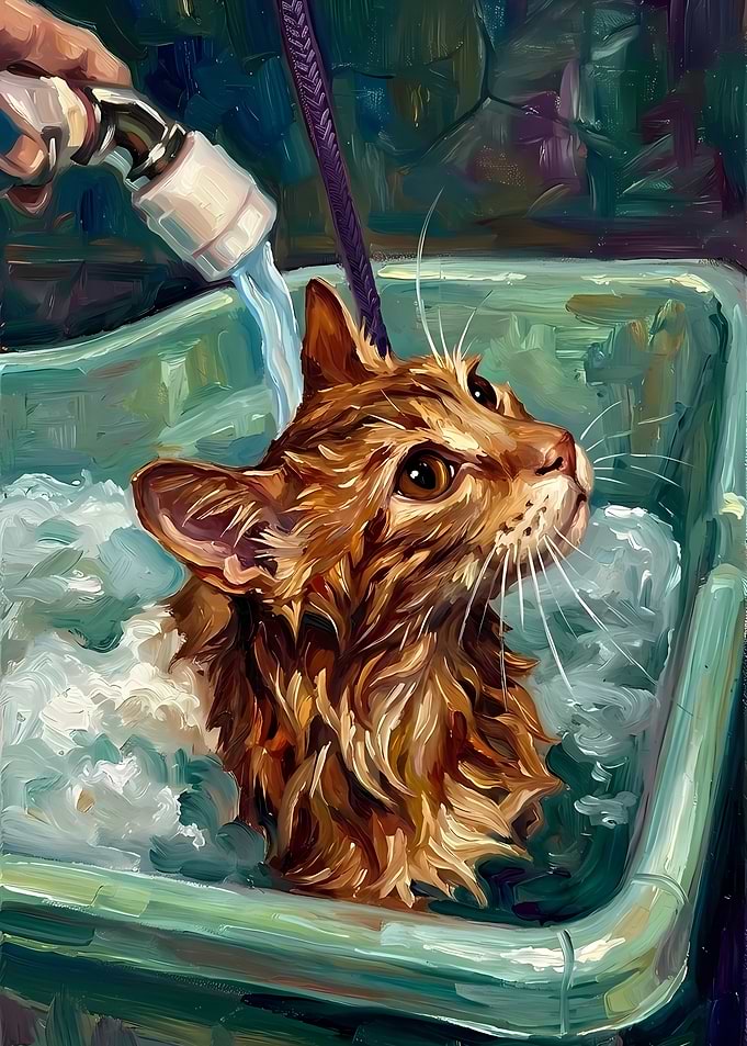 Oil Painting of Cat Bathing