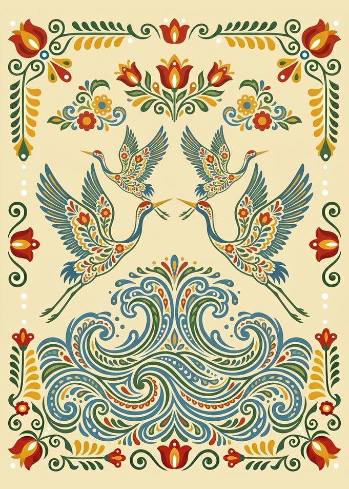 Decorative traditional Nordic cranes waves floral pattern