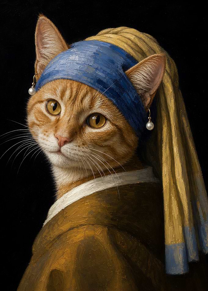 Cat Girl with a Pearl Earring Vintage Portrait