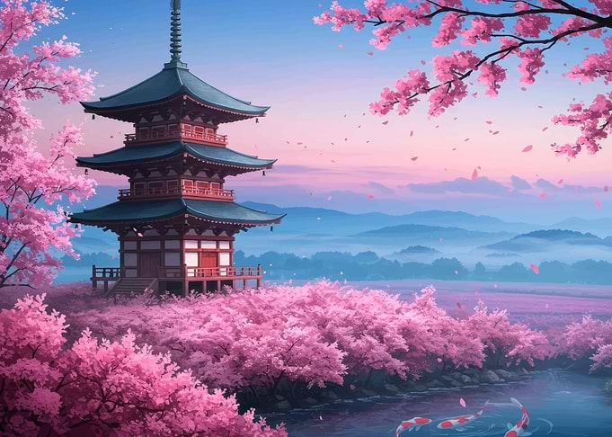 Traditional Japanese Pagoda in Spring