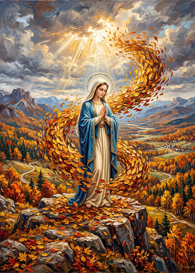 Virgin Mary Amidst Autumn Leaves