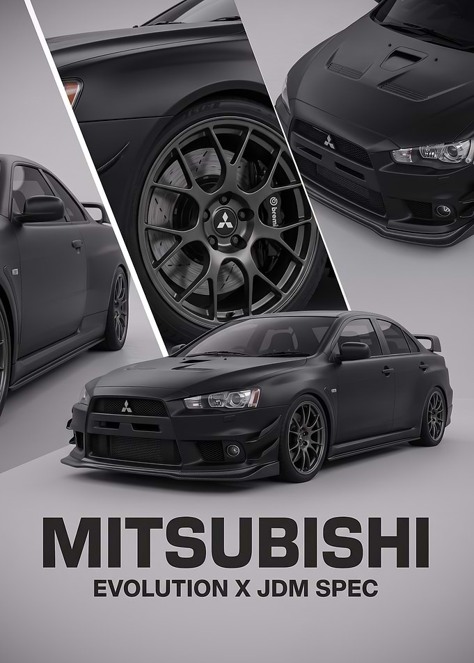 black sleek Mitsubishi Evolution X JDM Spec Poster