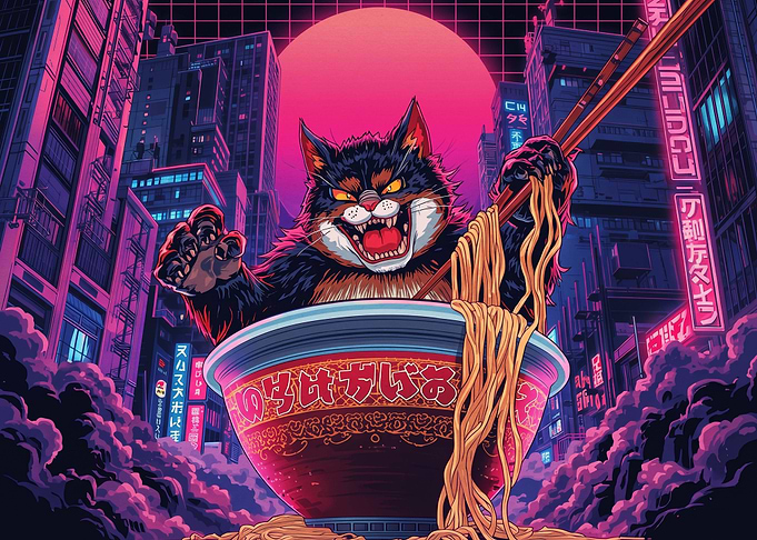 Cyberpunk Cat Eating Ramen