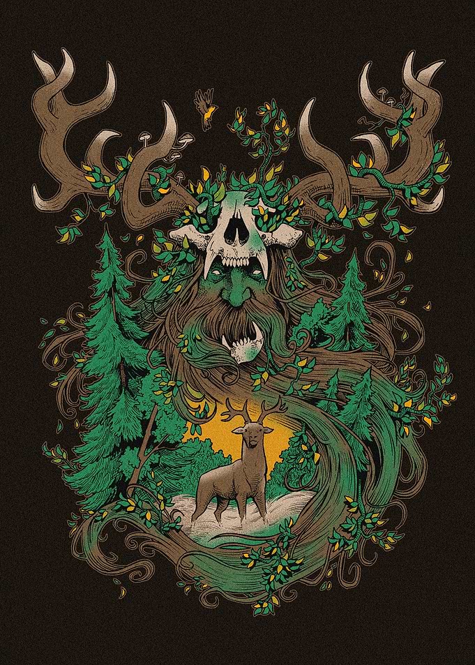 Forest Spirit (Leshy) and Deer Illustration
