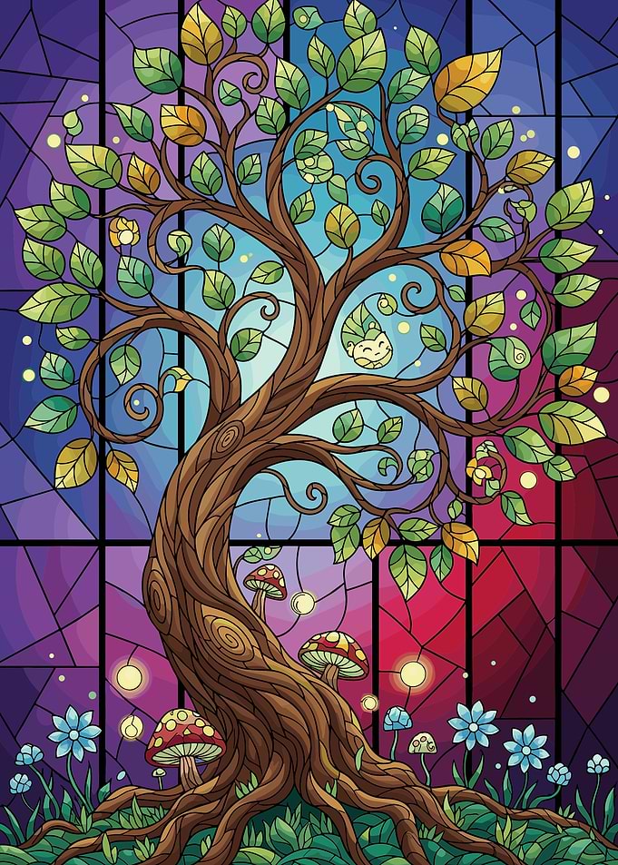 Stained Glass Enchanted Forest Tree